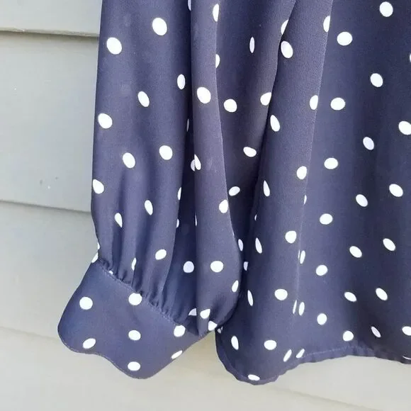 Chaus Navy/White Polka Dot Long Sleeve Blouse Size 12 - Picture 3 of 6